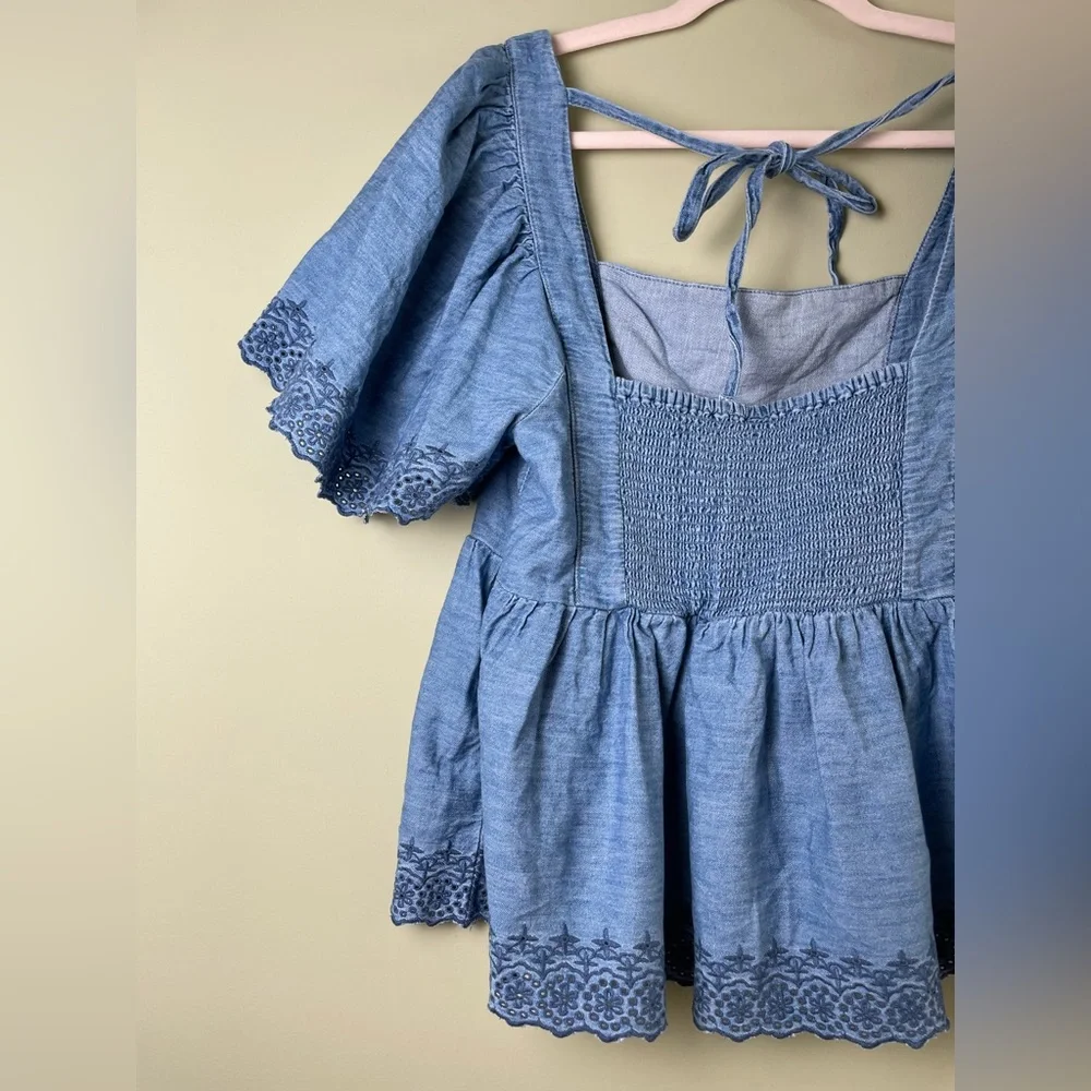 OLD NAVY 100% Cotton Smocked Denim Boho Blouse Seersucker Design Flutter Sleeve - Picture 10 of 10